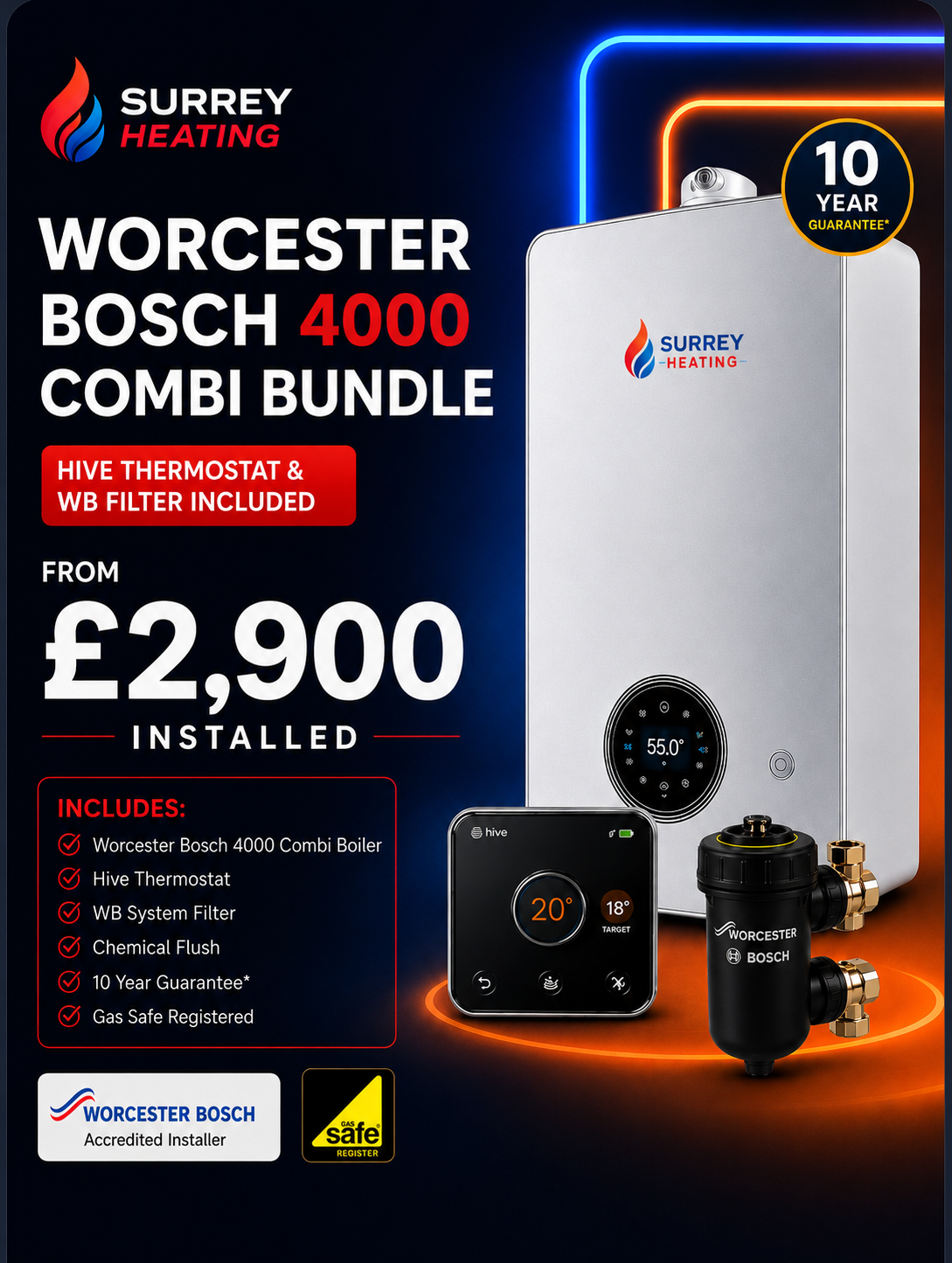Worcester Bosch 4000 Combi Boiler Bundle - £2,900 installed in Surrey