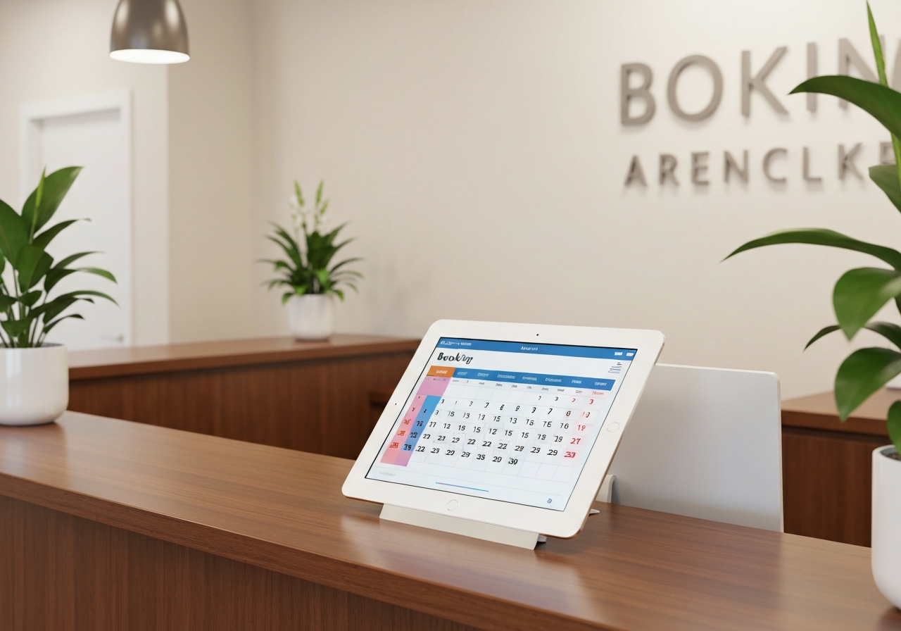 Modern dental reception desk with booking tablet