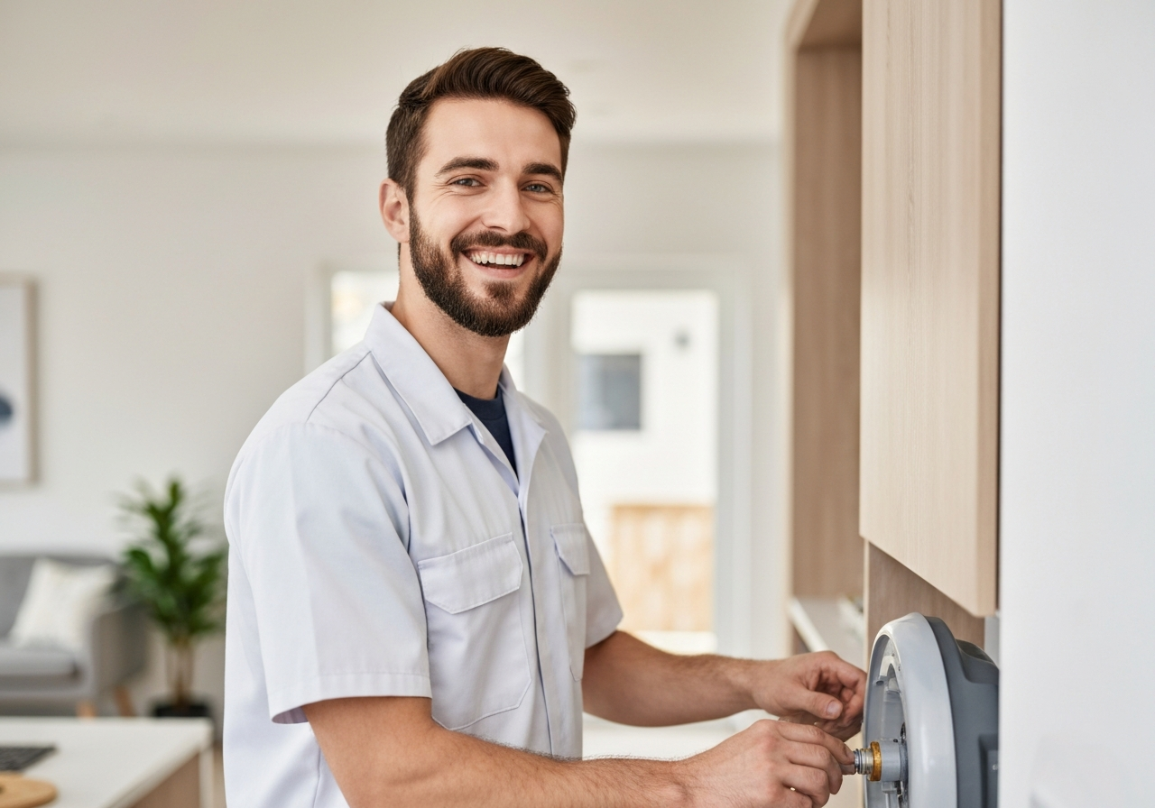 Professional plumber or HVAC technician smiling