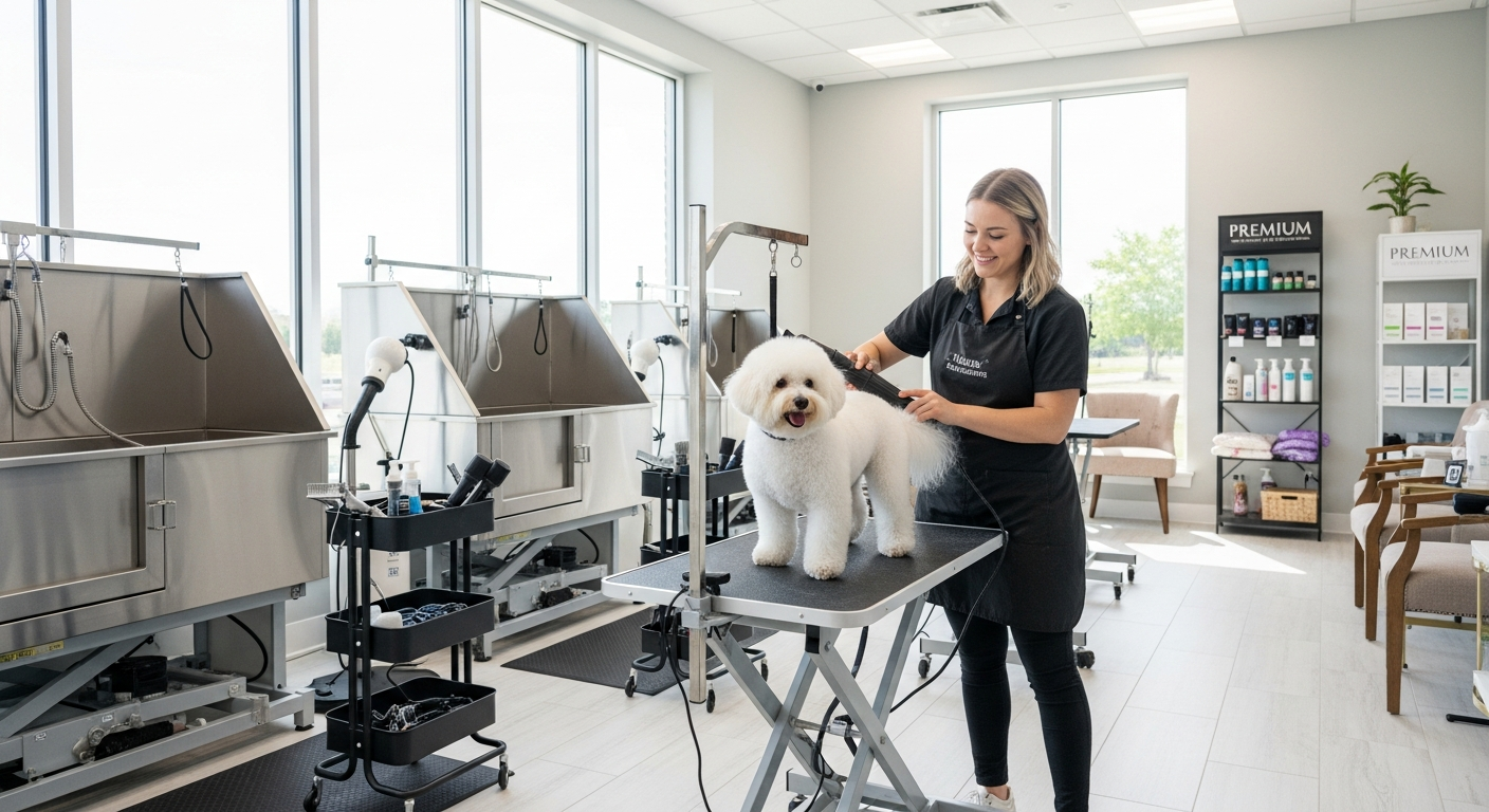 Happy dog groomer working with a dog