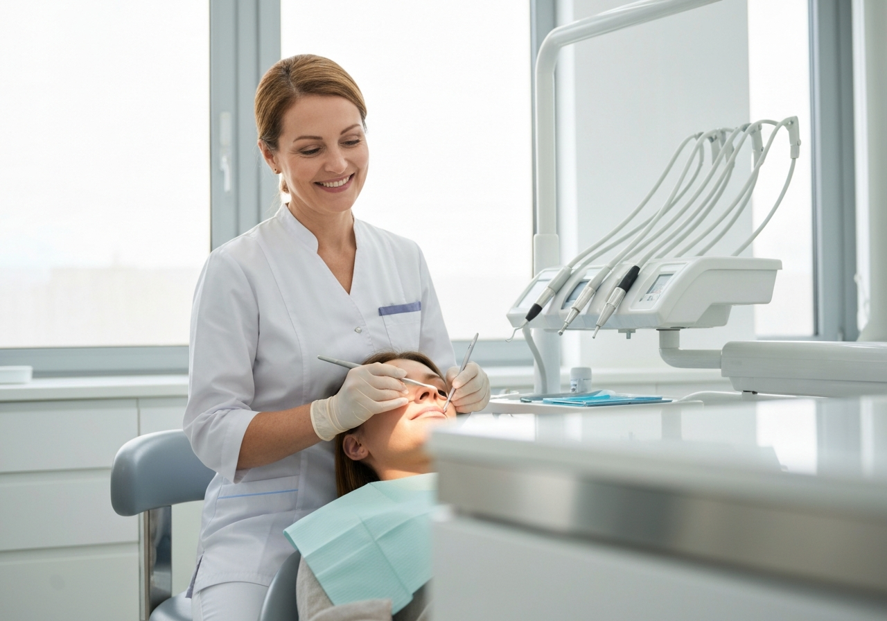 Happy dentist working with a patient