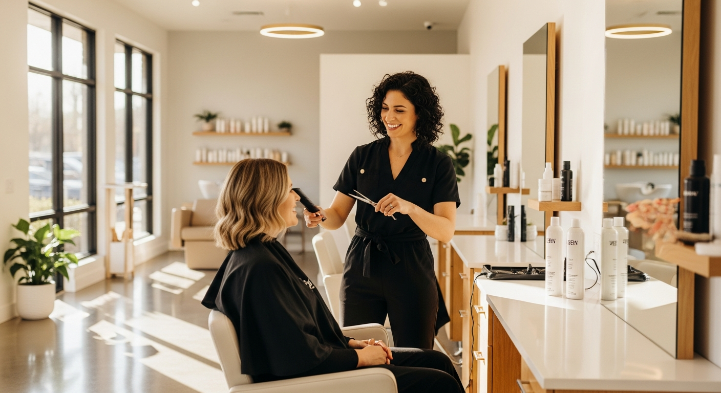 Stylist checking phone in busy salon