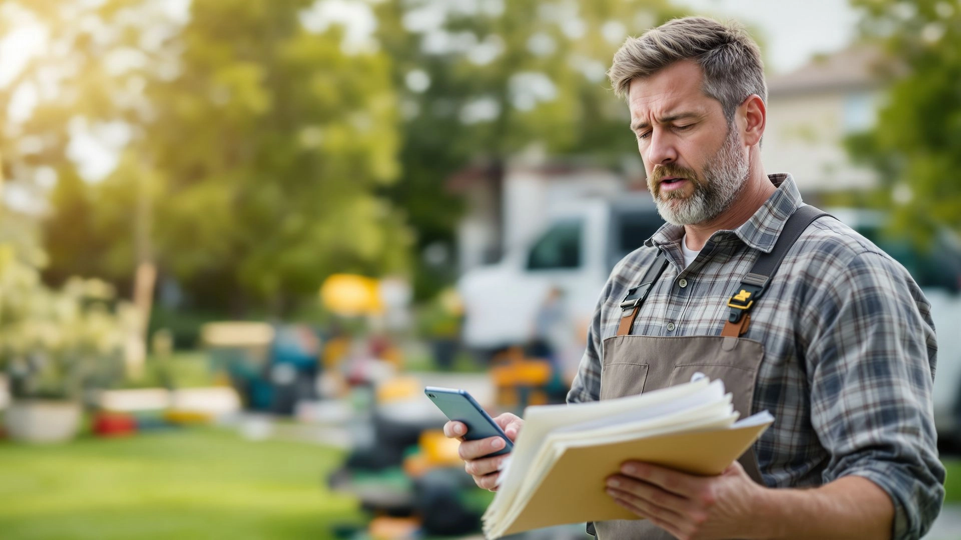 Overwhelmed landscaper juggling phone and paperwork