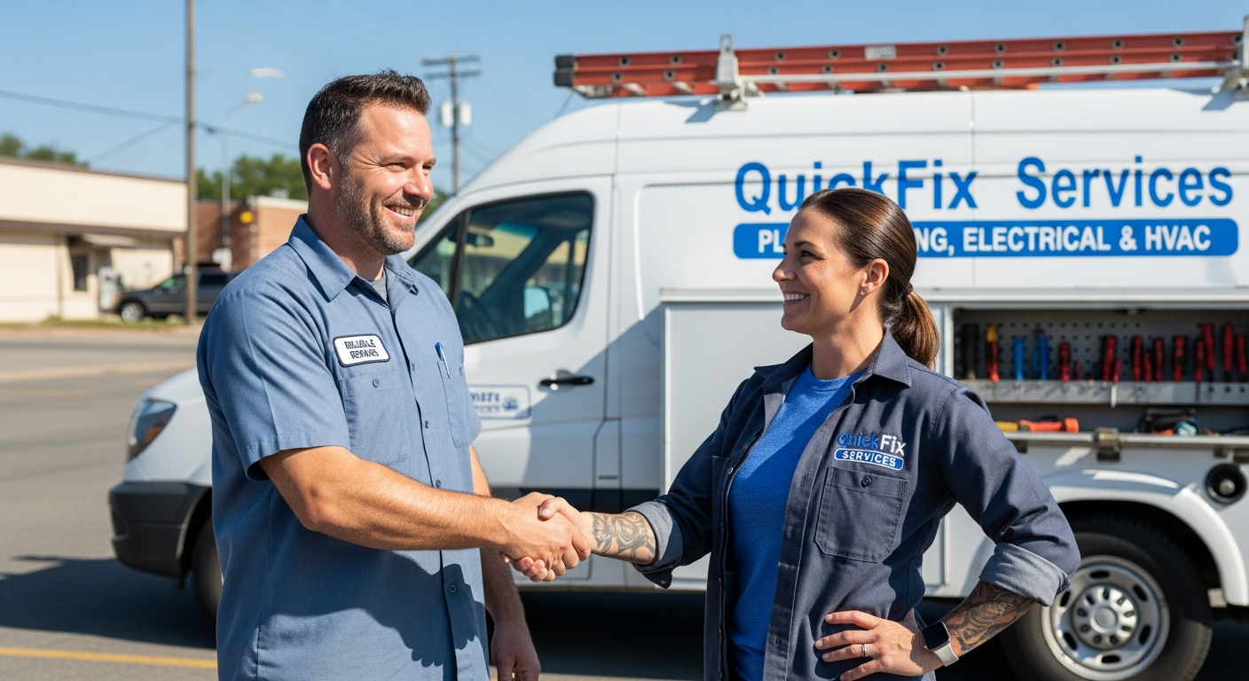 Small business owners shaking hands by a work van