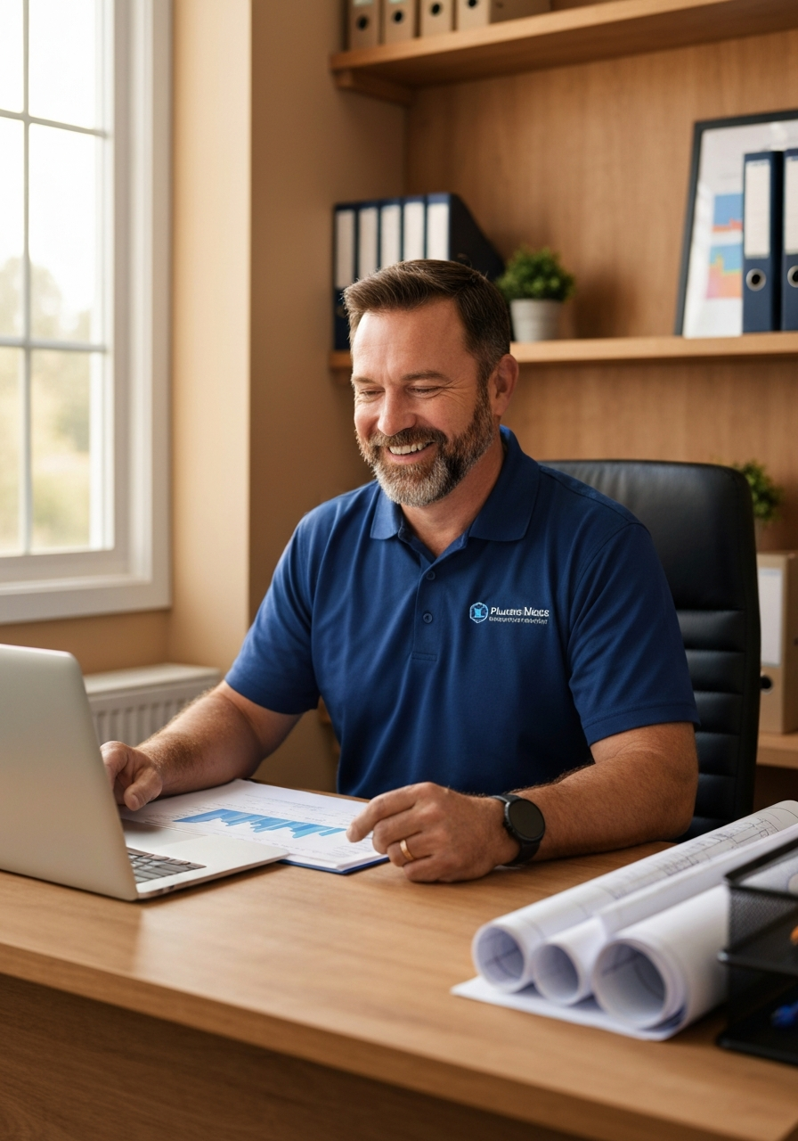 Plumbing business owner reviewing growth metrics