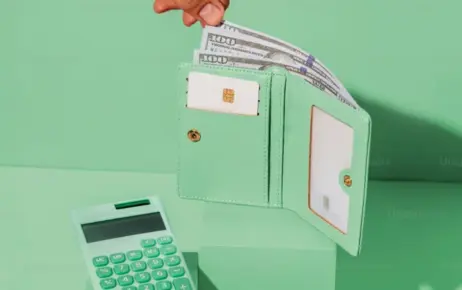 Wallet with money and calculator