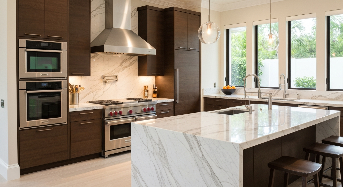 Modern luxury kitchen design with custom cabinetry and marble island in Palm Beach, Florida by Signature Luxury Builders.