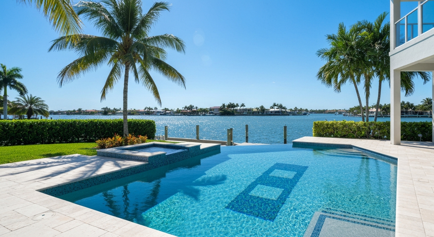 Modern hurricane-resistant luxury waterfront estate exterior in Miami Beach, Florida by Signature Luxury Builders.