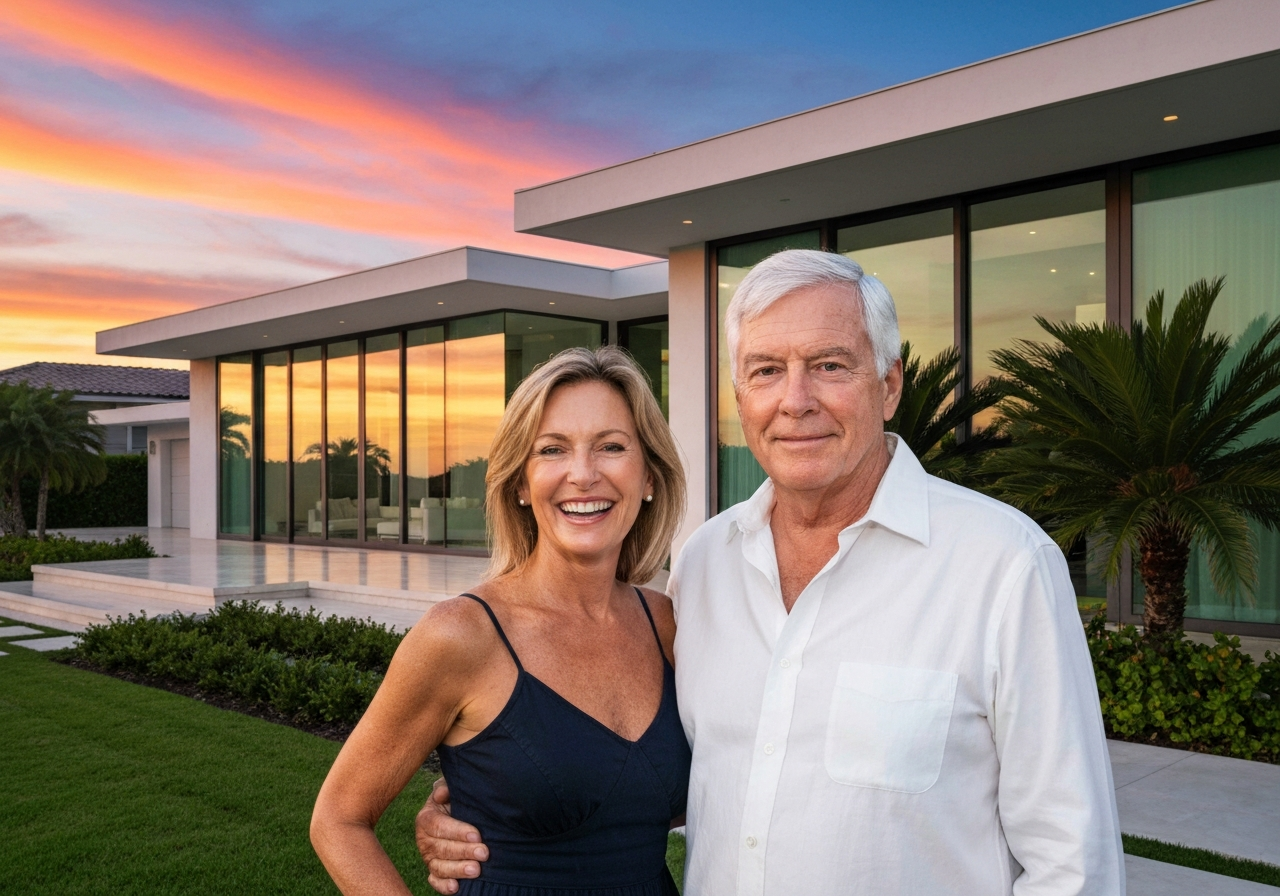 Happy couple receiving keys to their new luxury Miami Beach style home from Signature Luxury Builders.