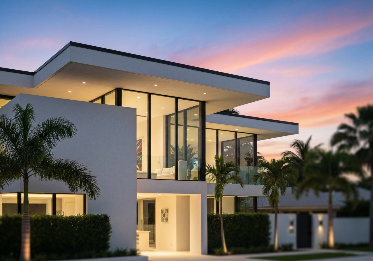 Finished modern contemporary luxury home front exterior in Palm Beach, Florida by Signature Luxury Builders.