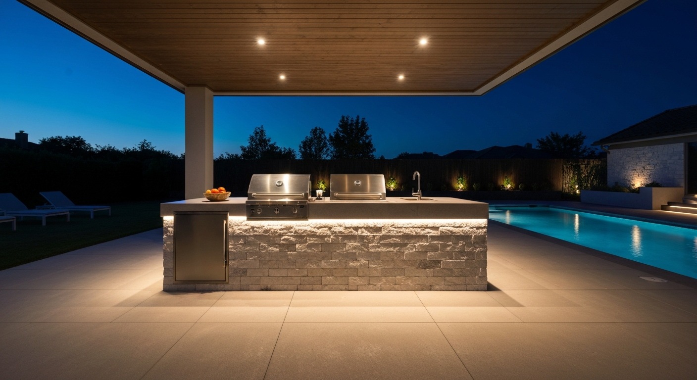 Artisan outdoor living space with custom pool and summer kitchen in Palm Beach, Florida by Signature Luxury Builders.