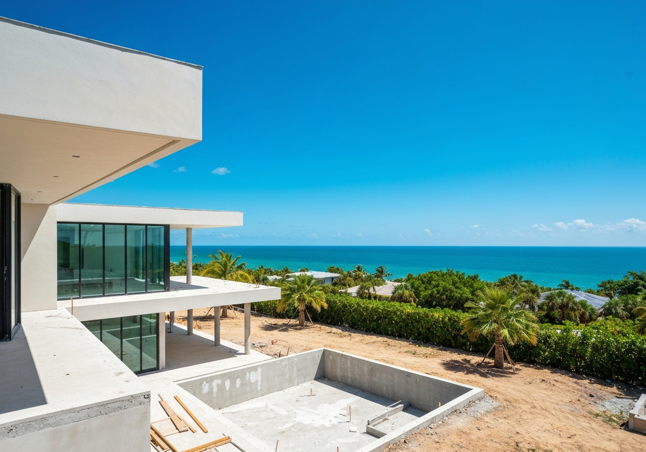 Ongoing luxury home construction site with pool and ocean view in Palm Beach, Florida by Signature Luxury Builders.