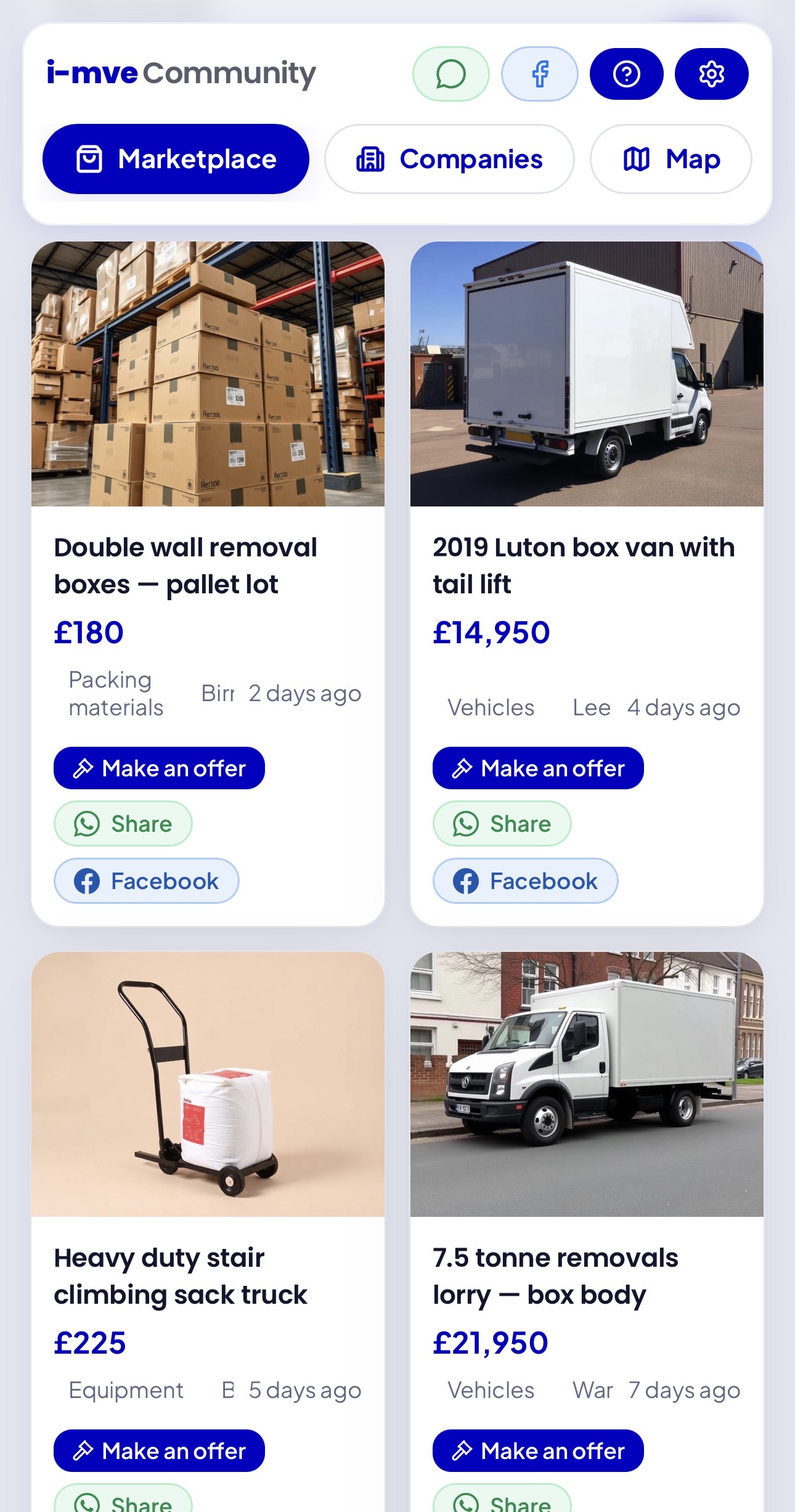 Removals marketplace - buy and sell vans, equipment, and packing materials