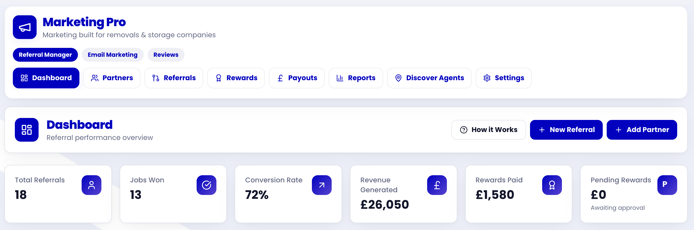 Referral Manager Dashboard Overview for Removal Companies