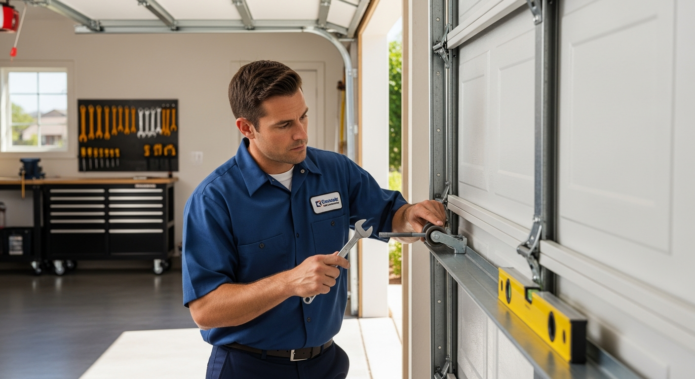 Worker fixing garage door