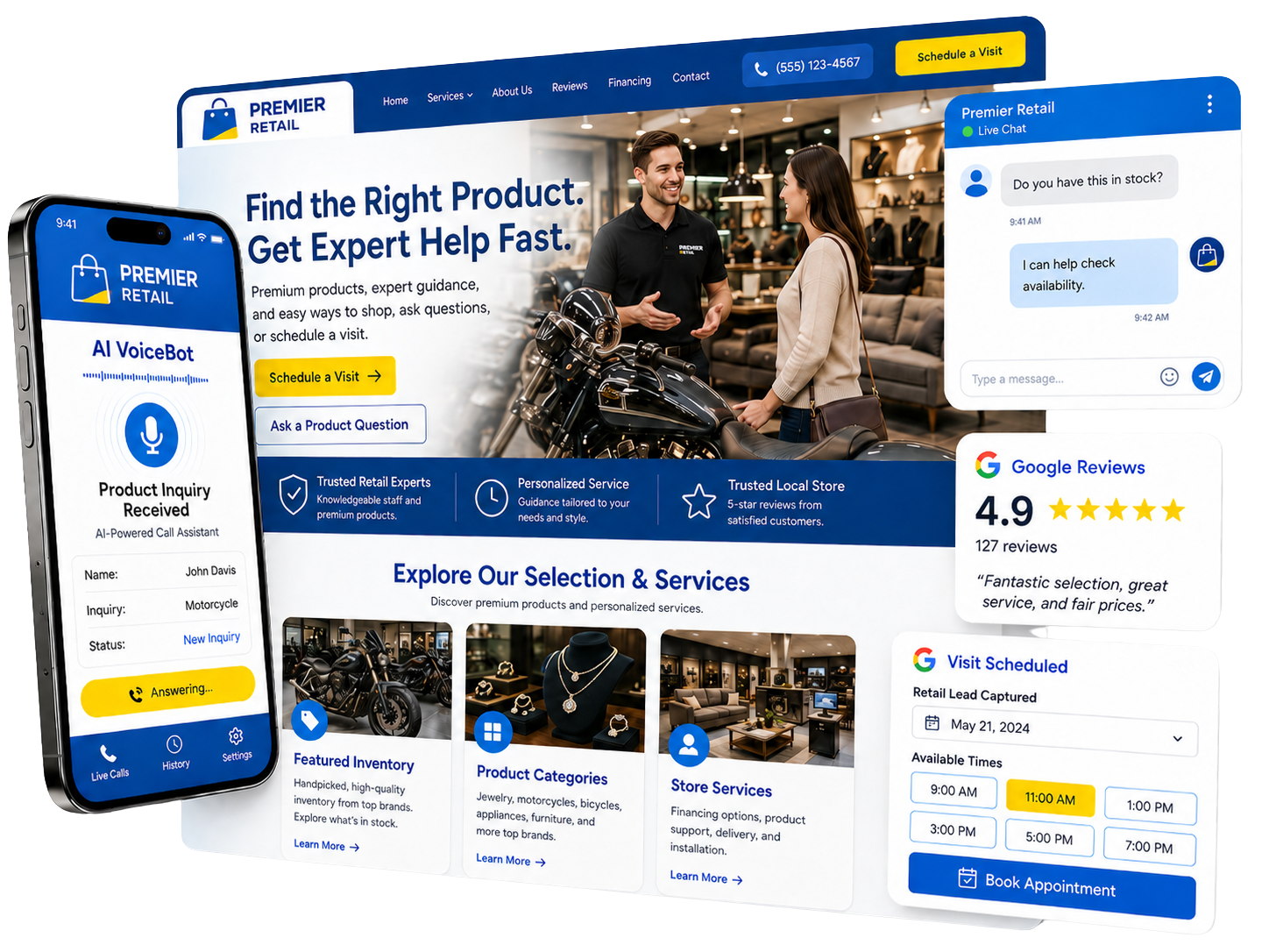 eBreeze local retailer marketing system showing a retail website, AI chat, product inquiry, booking, review, and lead capture tools.