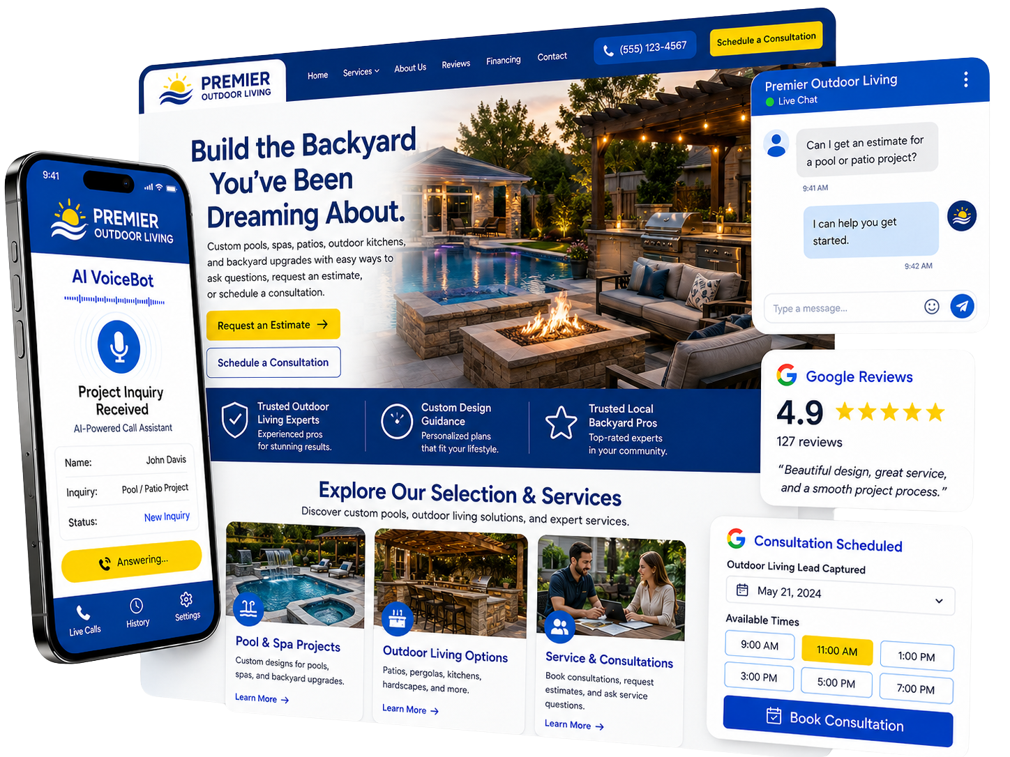 eBreeze pool, spa, and outdoor living marketing system with website, AI chat, AI voice, booking, reviews, and lead capture tools.