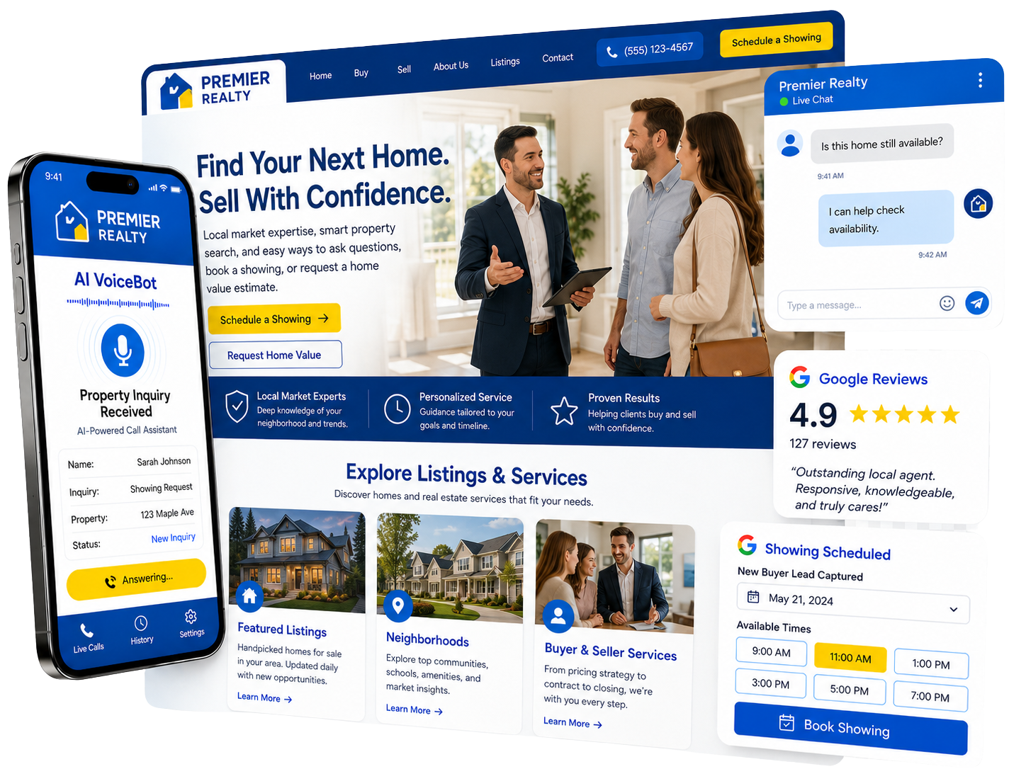 eBreeze real estate marketing system with website, AI chat, showing scheduler, reviews, and lead capture tools.