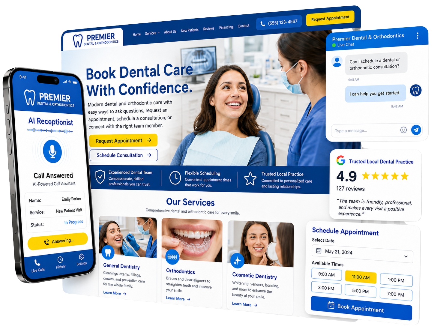 eBreeze dental and orthodontic marketing system with website, AI chat, AI voice, booking, reviews, and patient lead capture tools.