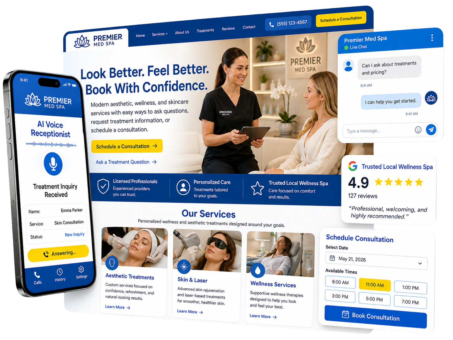 eBreeze med and health spa marketing system with website, AI chat, AI voice, booking, reviews, and lead capture tools.