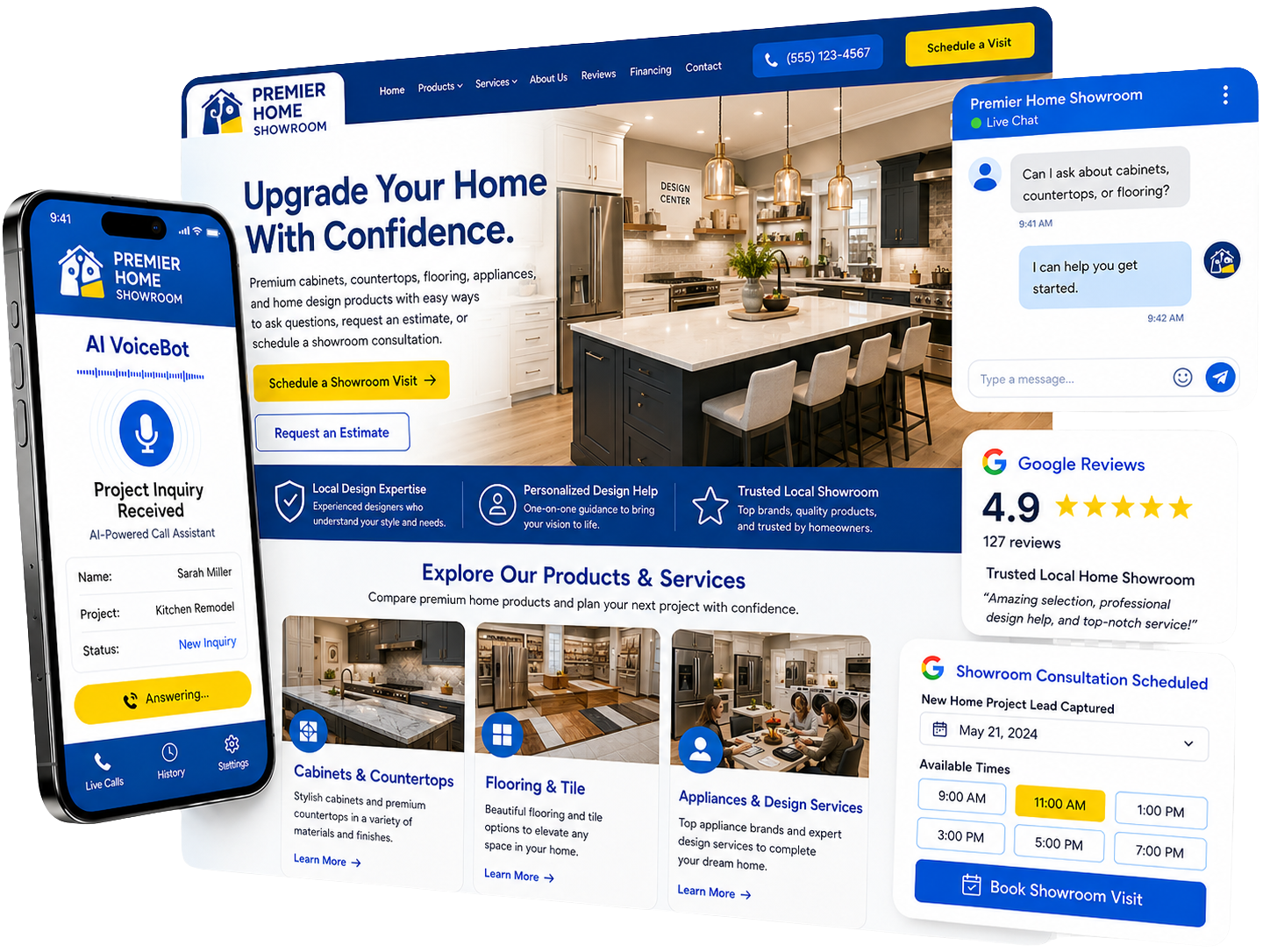 eBreeze home showroom marketing system showing a showroom website, AI chat, product inquiry, booking, review, and lead capture tools.