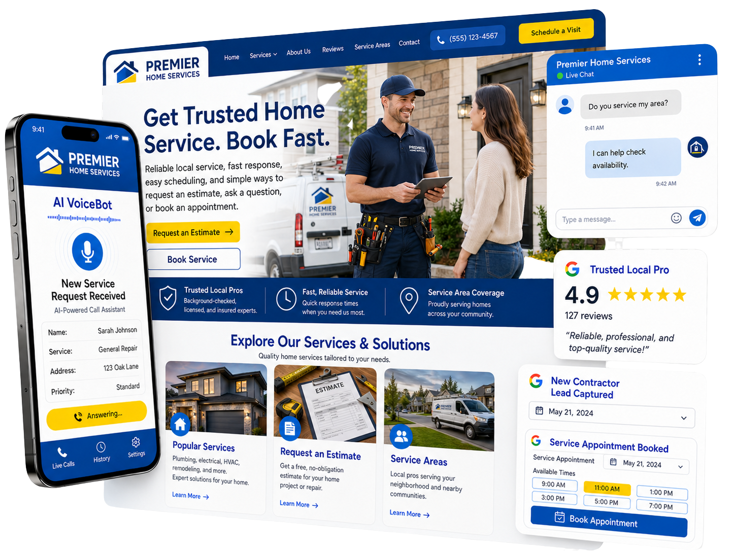eBreeze home services marketing system with website, AI chat, AI voice, booking, reviews, and lead capture tools.