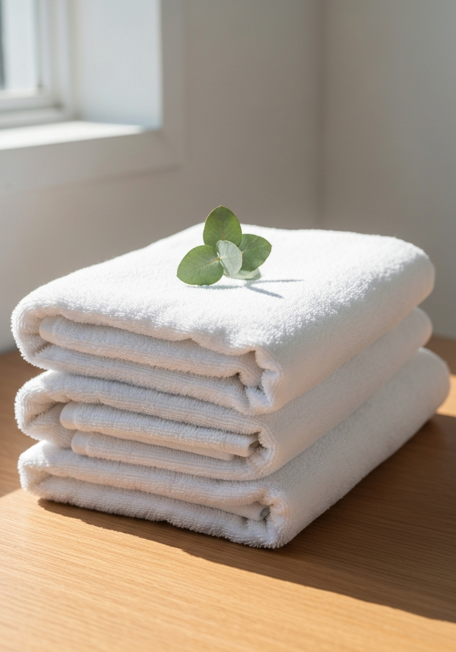 Pristine folded towels with eucalyptus prepared by Elite CleanBnb turnover cleaning service