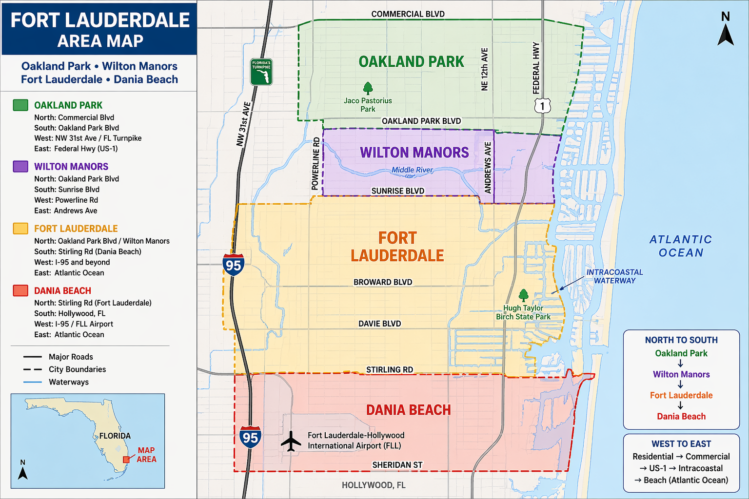 Map of Broward County Coverage Areas for Elite CleanBnb Short-Term Rental Cleaning Service in Fort Lauderdale, Wilton Manors, Oakland Park, and Dania Beach