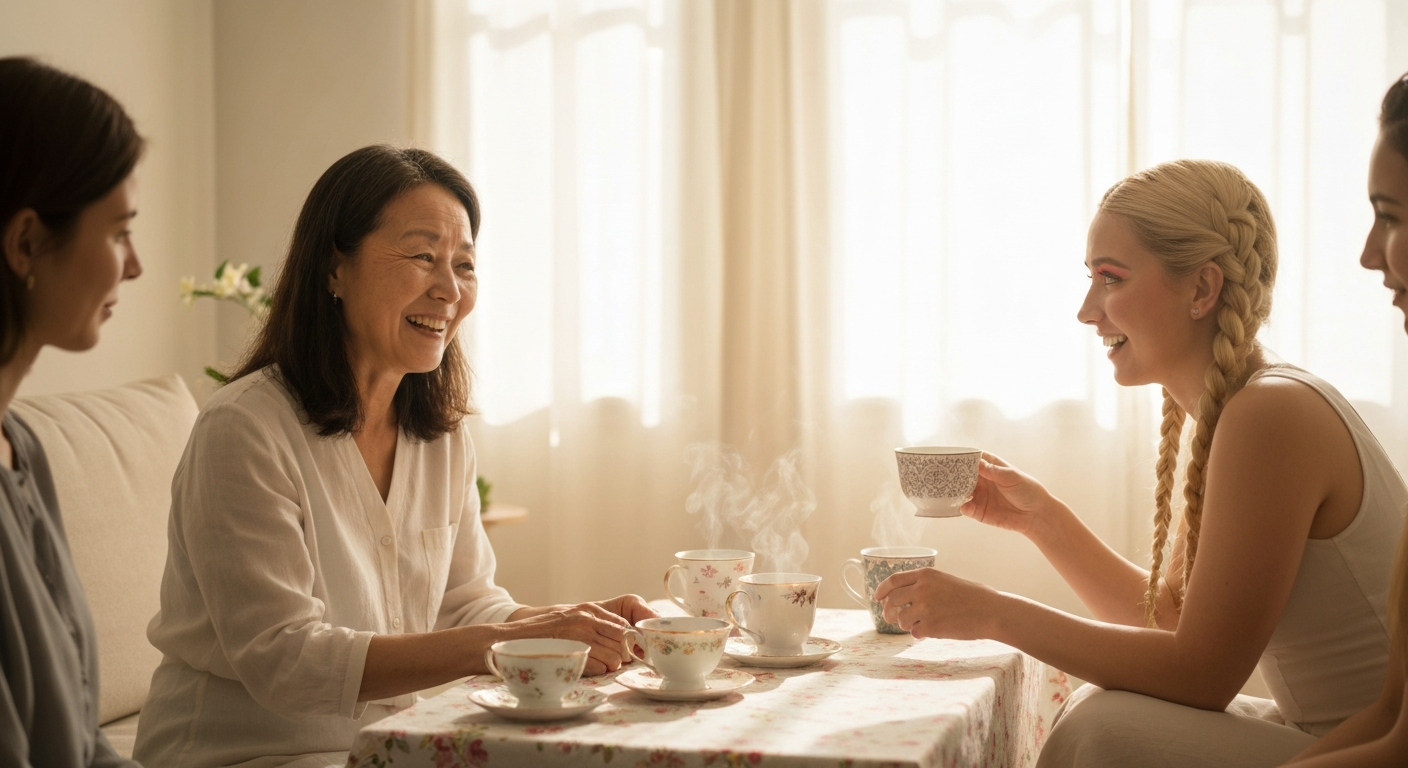Women gathering and sharing in a warm, sunlit room
