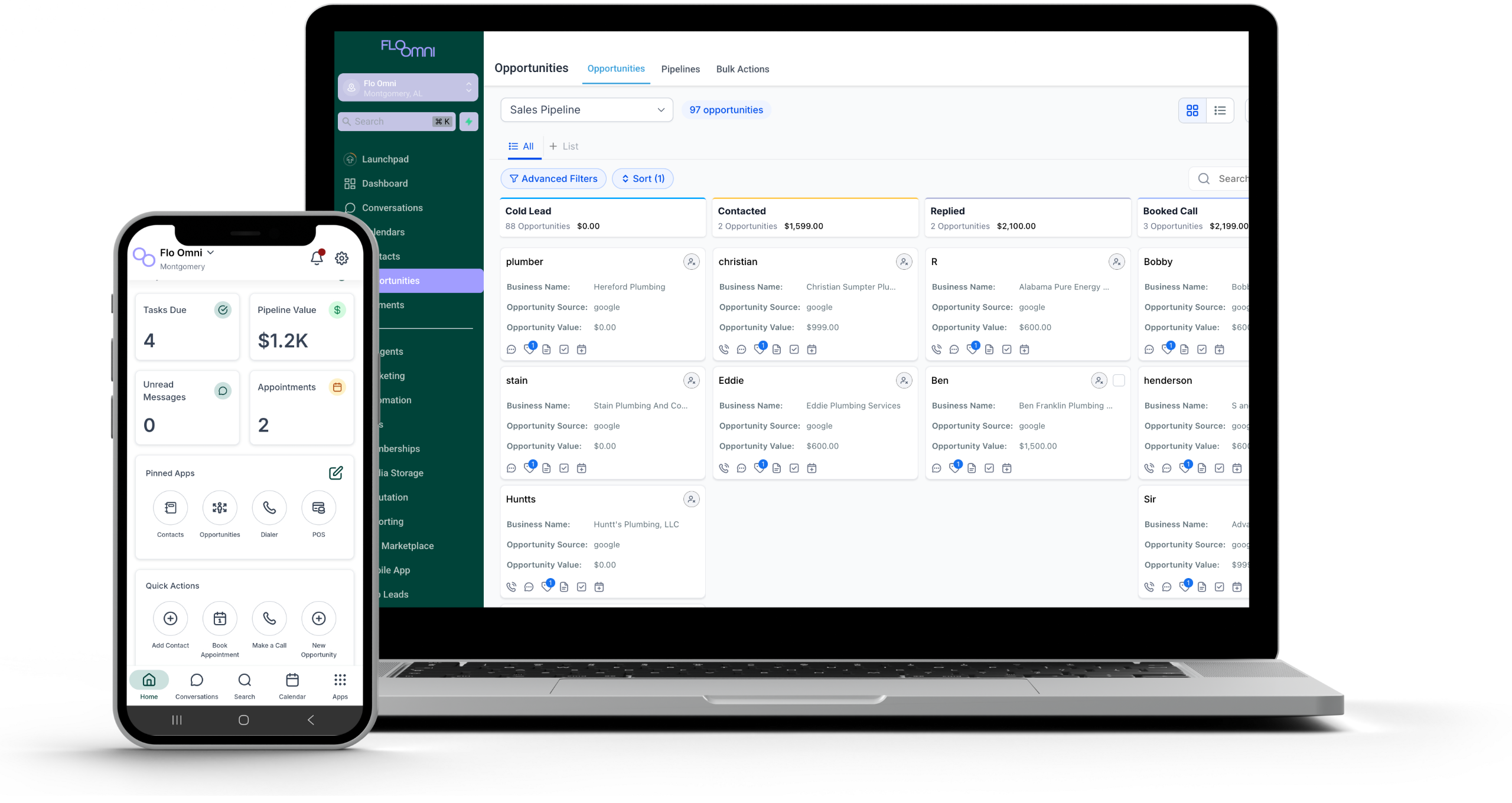Flo Omni dashboard showing AI business automation tools for local businesses in Montgomery Alabama
