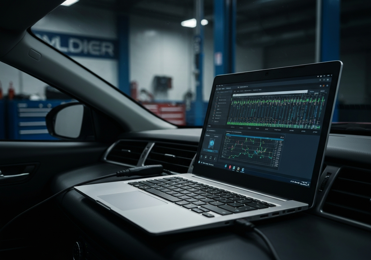 Diagnostic laptop in workshop