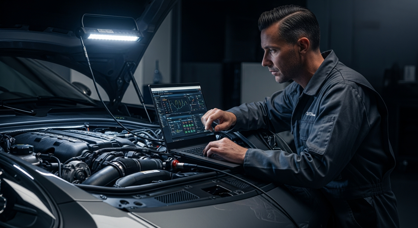 Technician working on a vehicle with diagnostic equipment in Brighton