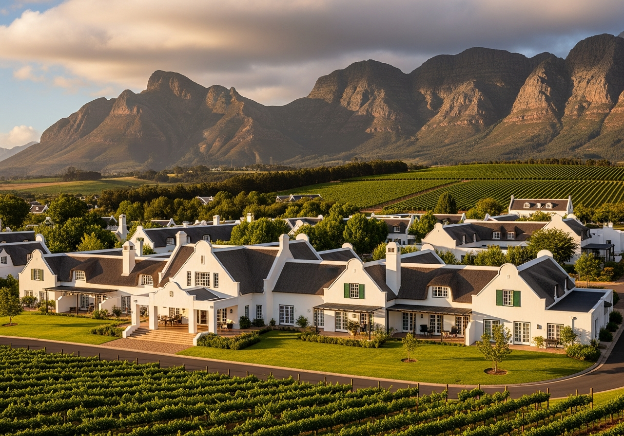 Wide landscape view of Cape Dutch homes nestled against the mountains