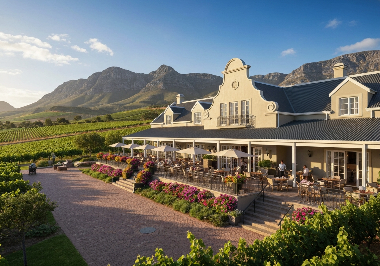 Cape Dutch clubhouse and restaurant patio overlooking the lawn bowls green