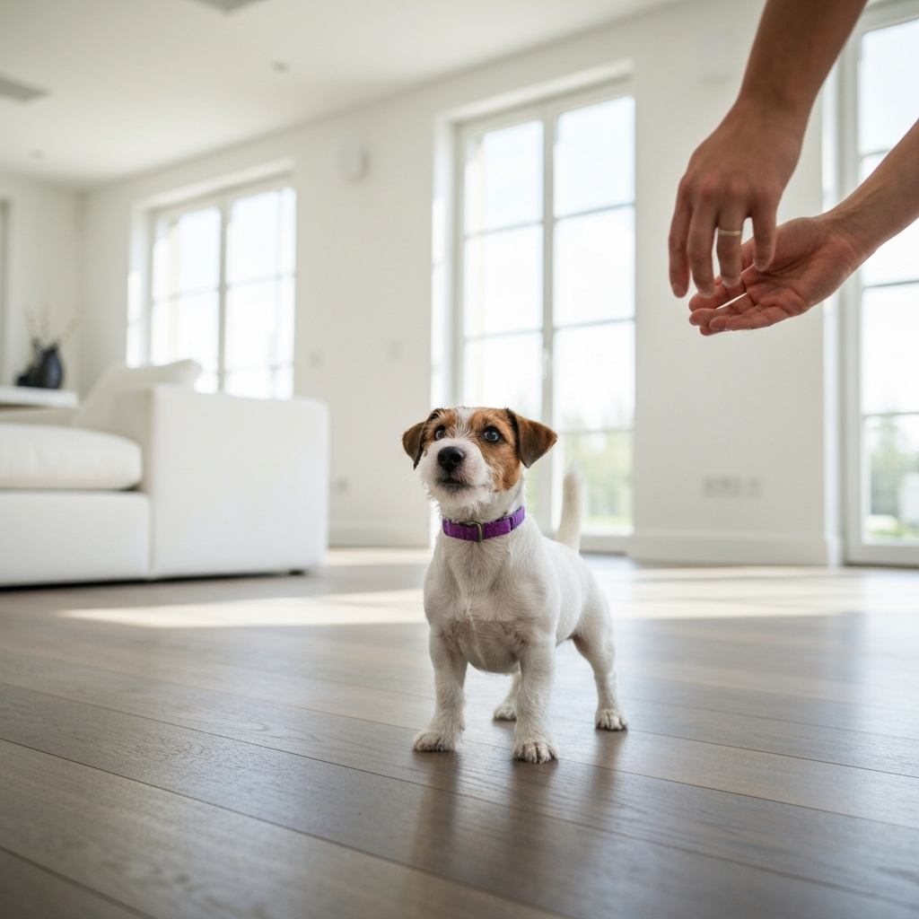 Cute puppy learning a command indoors during training