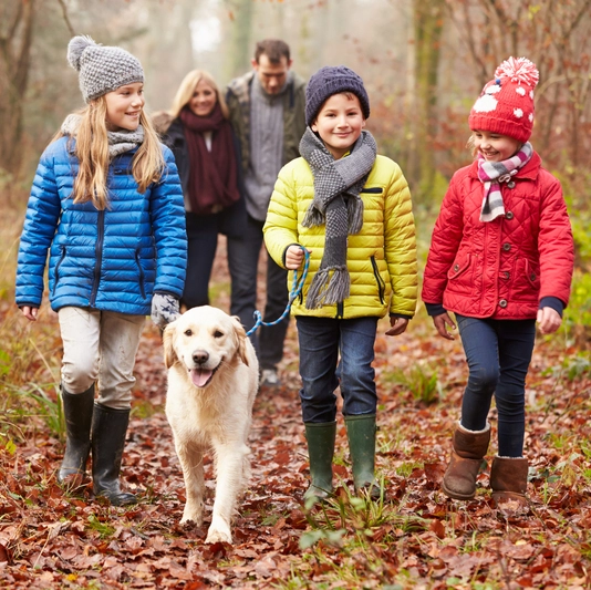Happy family with their dog on a walk