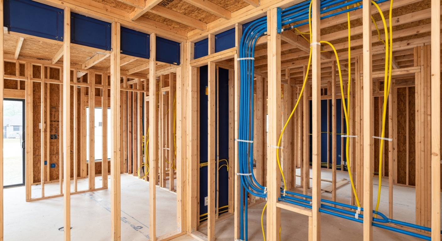Professional photo of a home's interior framing and mechanical systems during the pre-drywall phase
