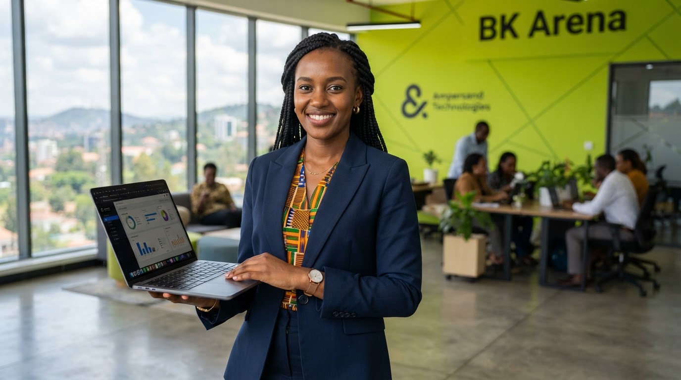 Smiling Rwandan businesswoman with laptop in a bright modern office
