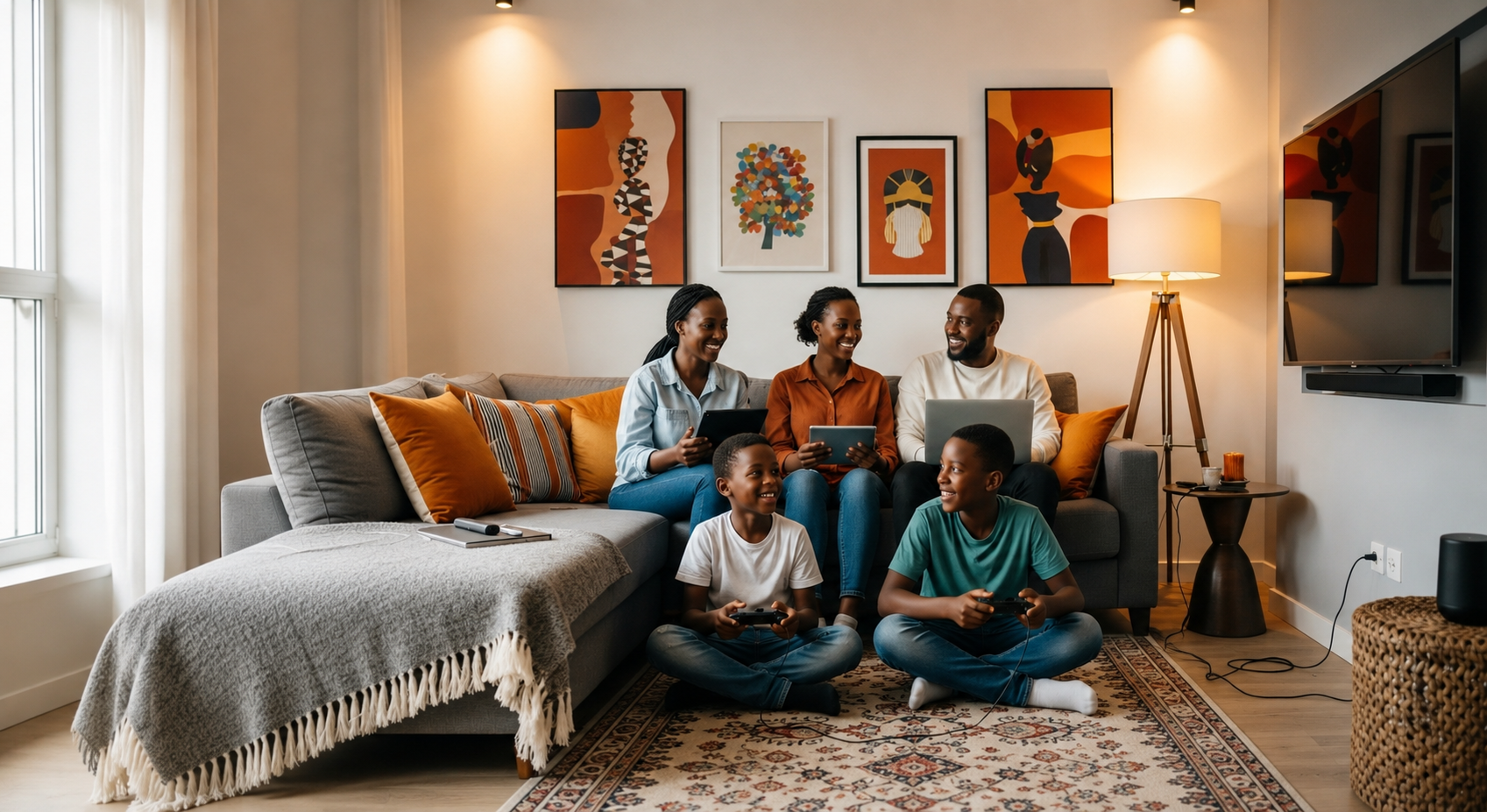 Happy Rwandan family enjoying fast internet