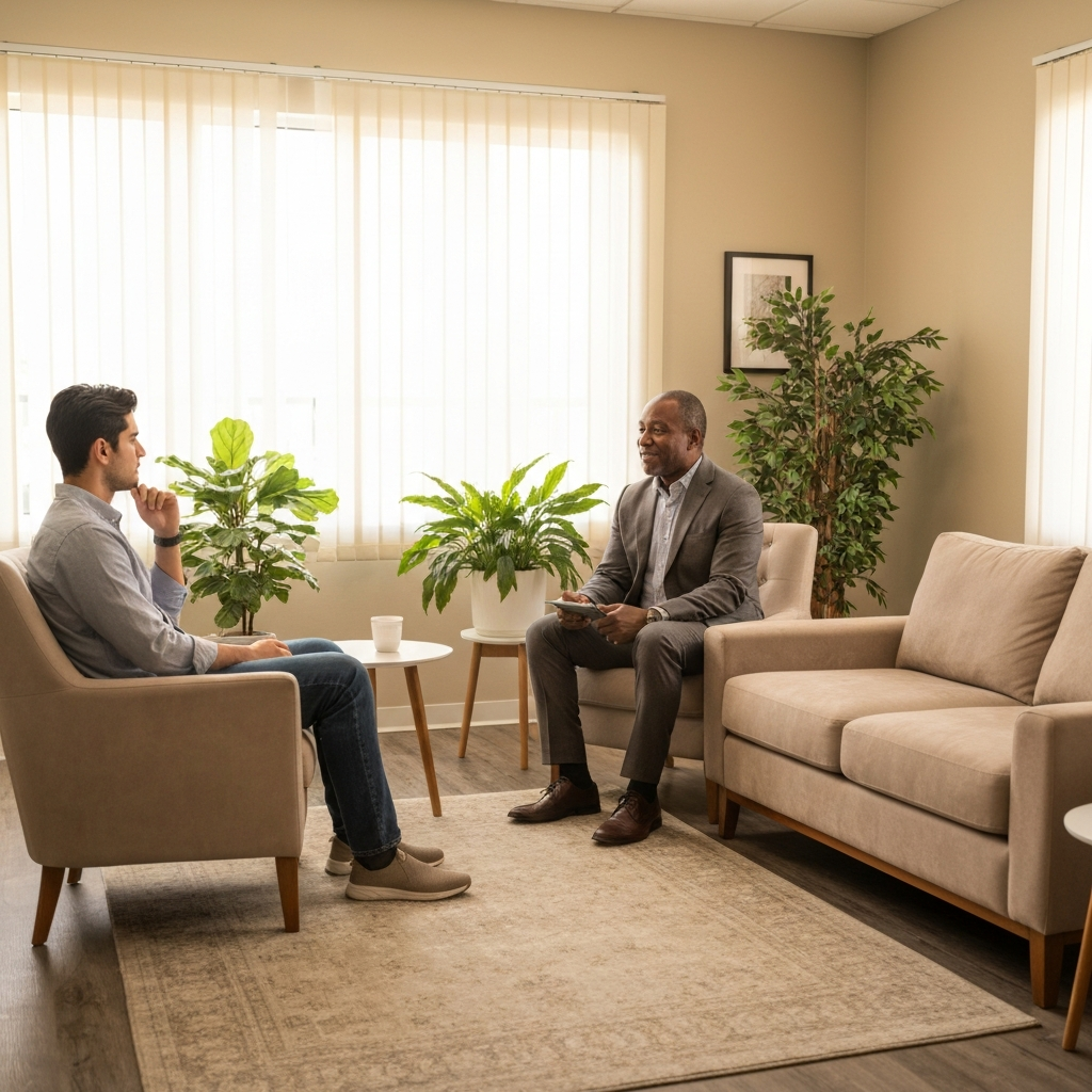 Compassionate diverse counselor meeting with a client in a bright therapy room