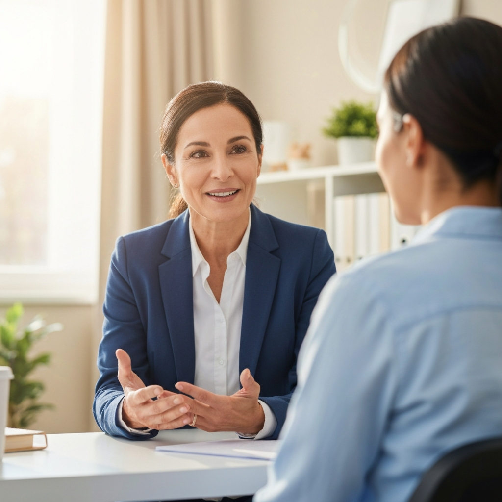 Compassionate behavioral health counselor speaking warmly with a client