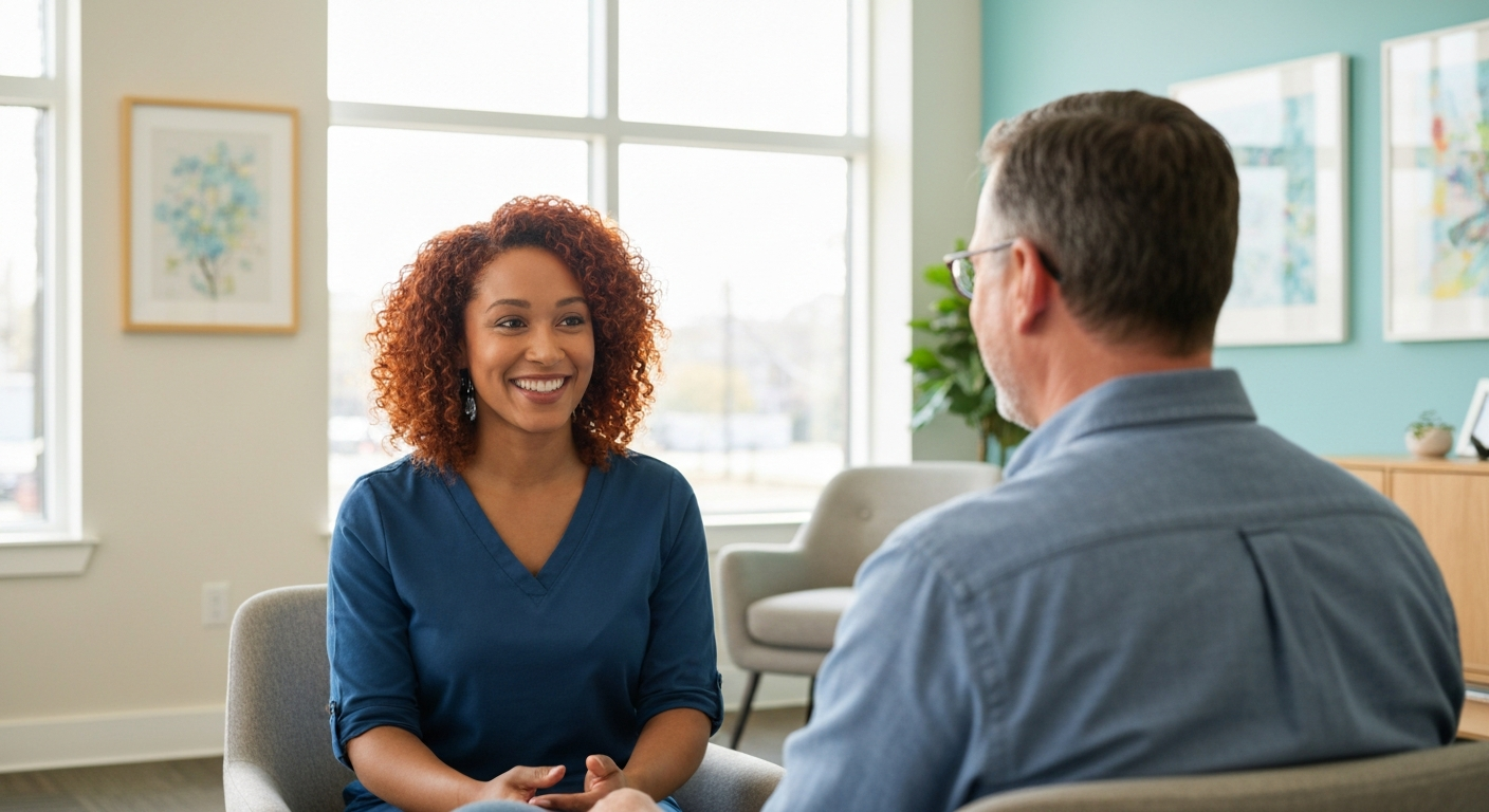 A peaceful, compassionate mental health therapy session in a bright, modern office