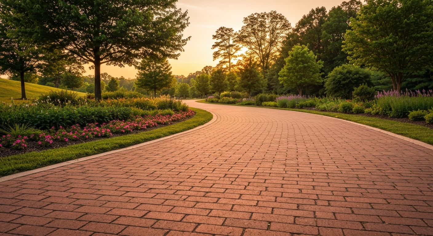 A hopeful, winding path through a peaceful Virginia park during sunset