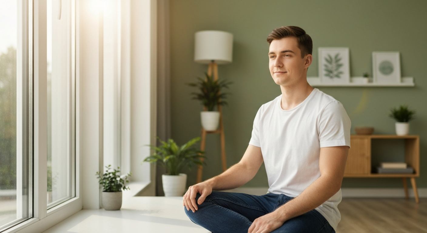 A calm person sitting mindfully by a window in a serene, supportive environment
