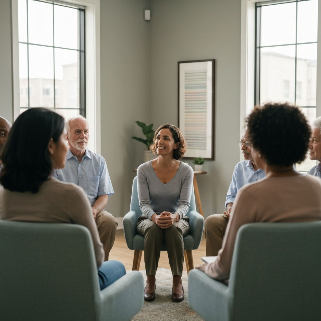 Supportive diverse group therapy session in a modern wellness center