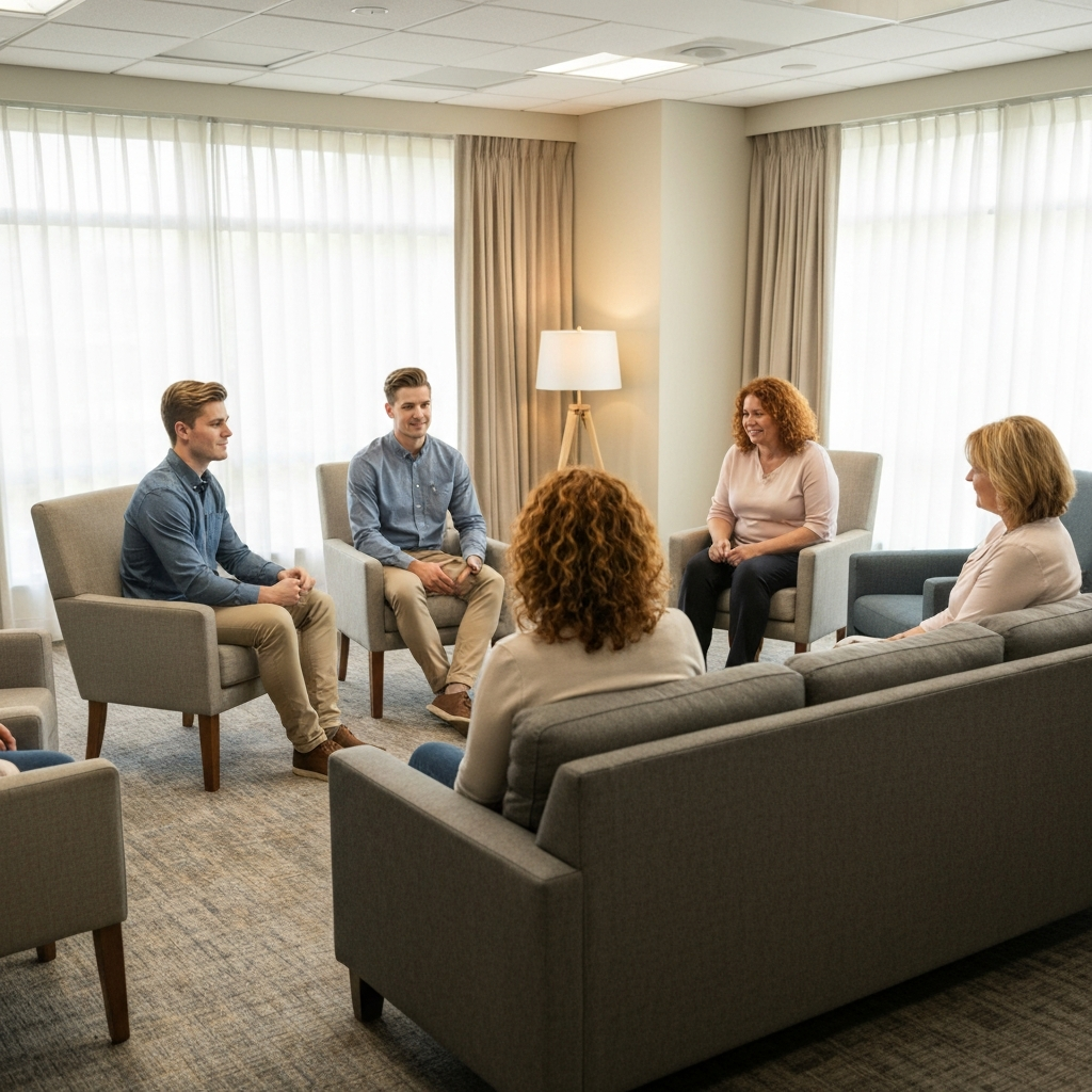 Group therapy session in a comfortable community room