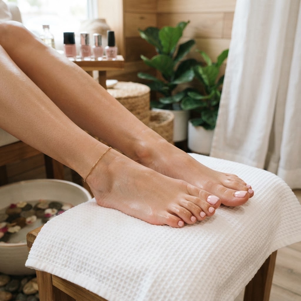 Relaxing express pedicure with soft pink polish at Tenley Nails Arlington