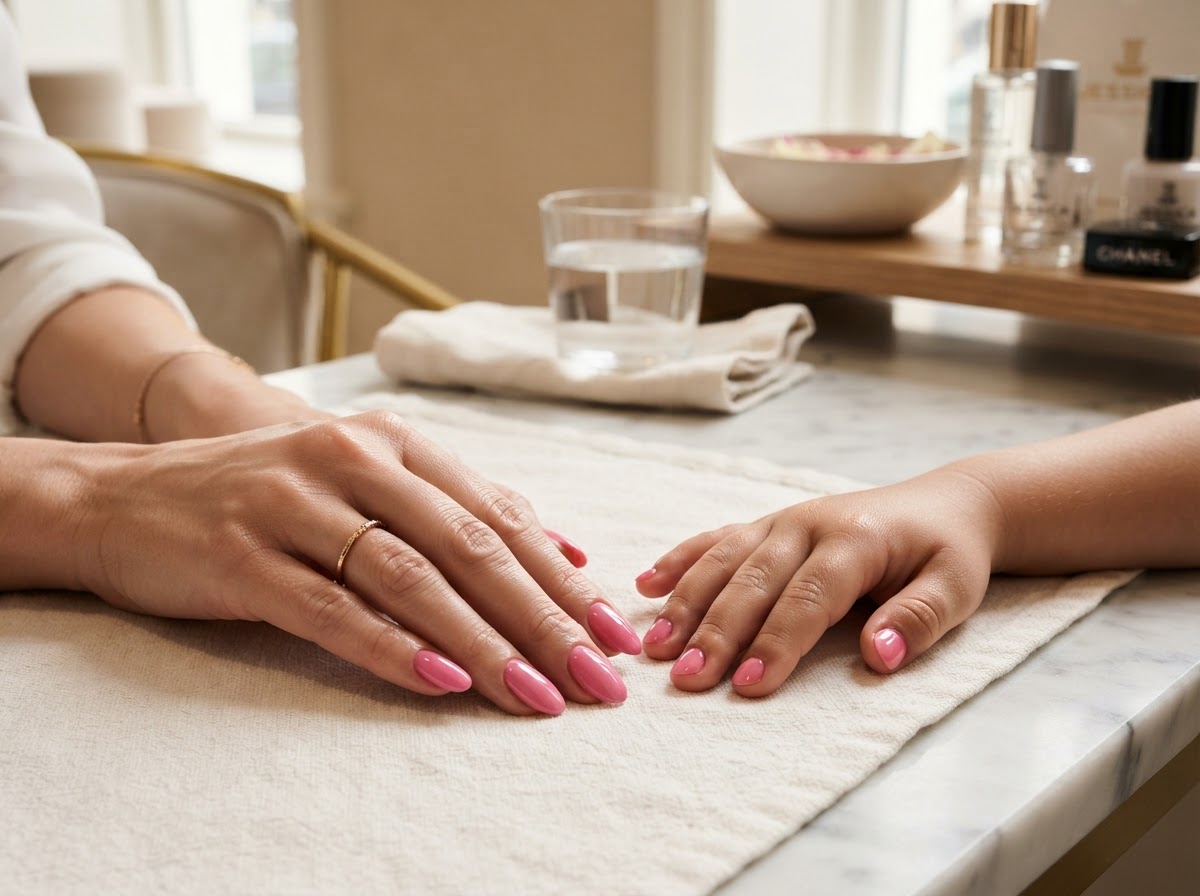 Mom and child's hands showing matching glossy pink gel manicures at Tenley Nail Spa