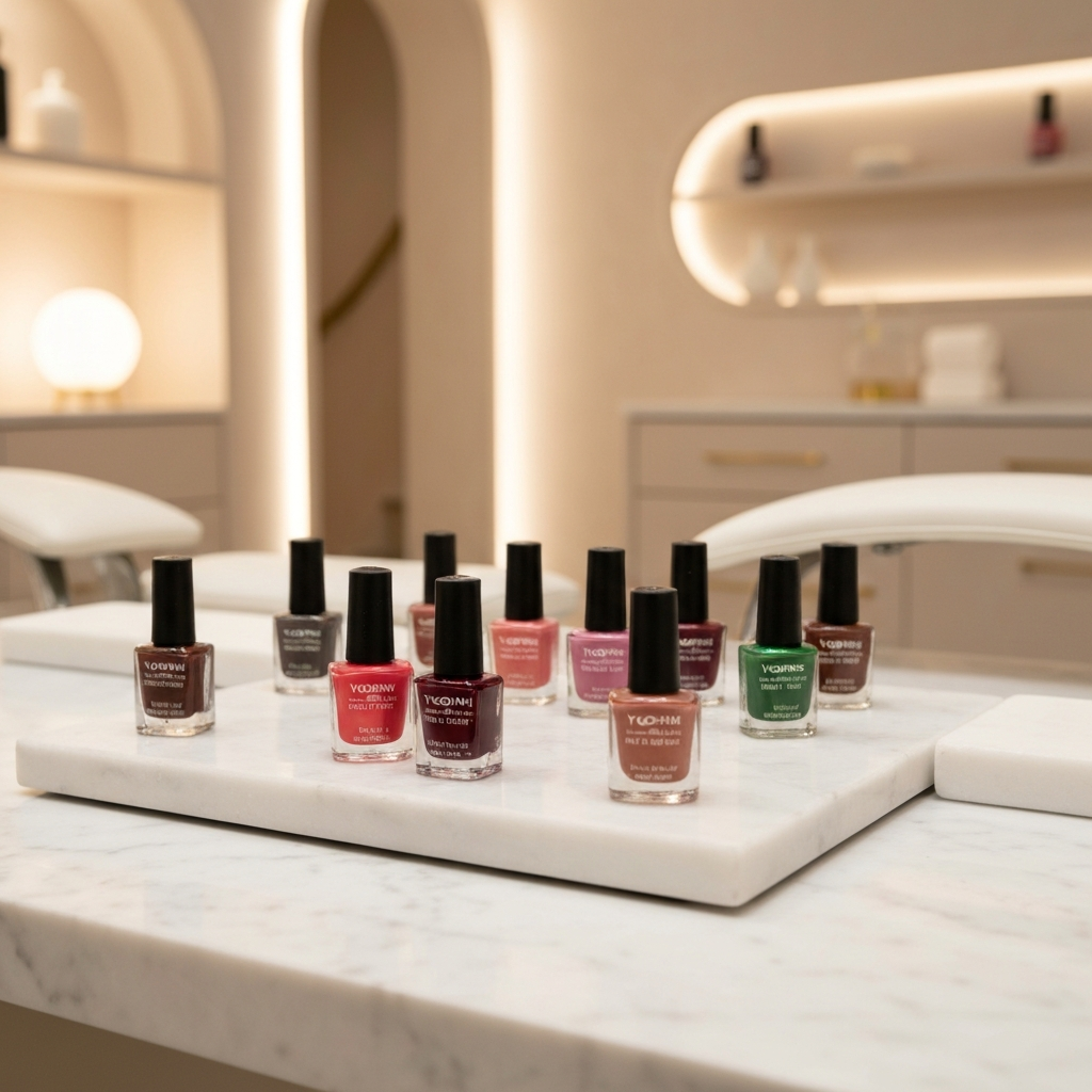 Vegan non-toxic nail polish bottles in a luxury spa setting in Arlington VA