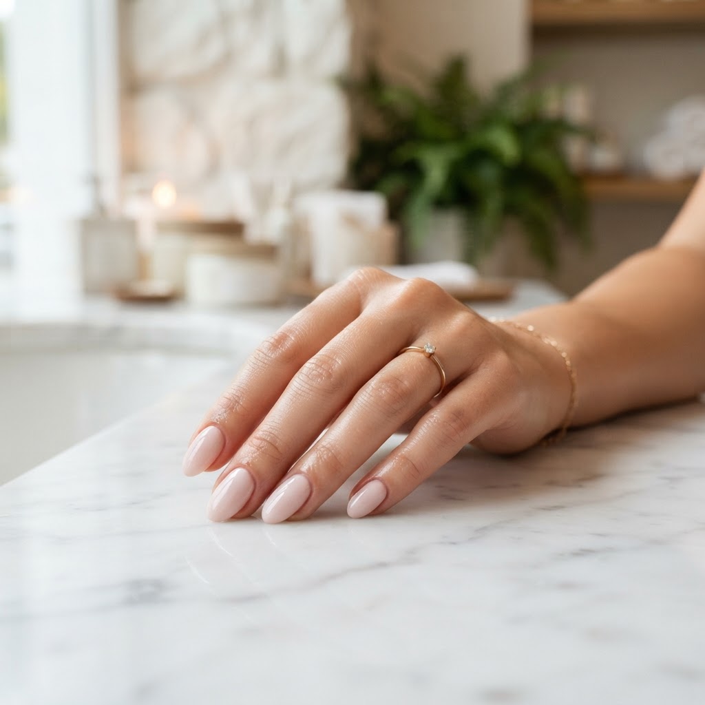 Fresh blush-pink manicure on elegant hands at Tenley Nails in Arlington VA